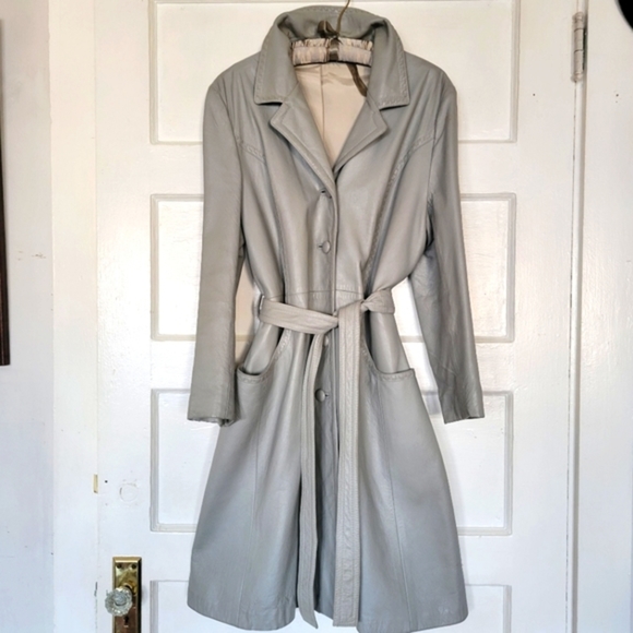 Vintage Grey Leather Belted Trench Coat 24K by Dan di Modes - Picture 1 of 16
